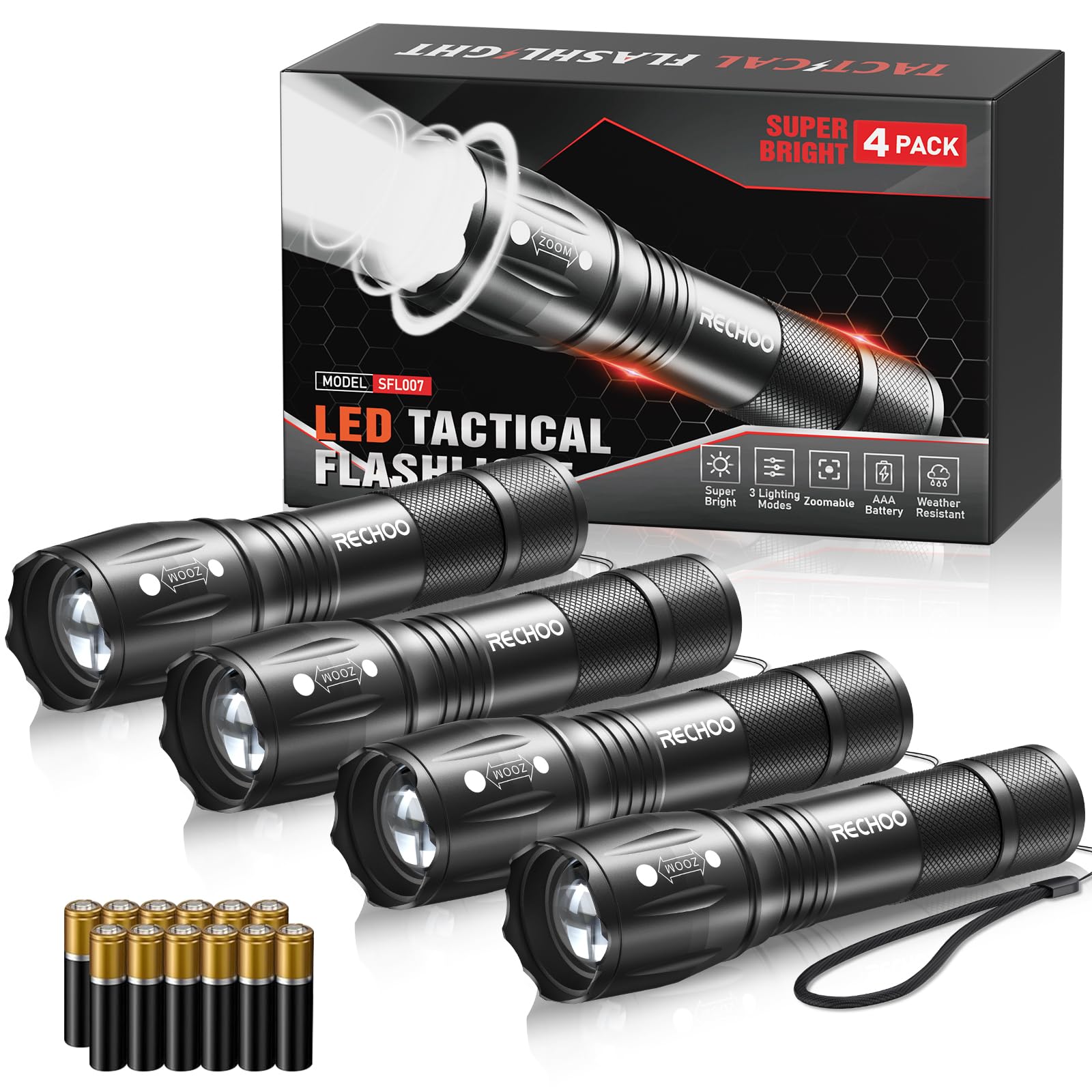 RECHOO 4Pack LED Flashlight, Bright Small Flashlights High Lumens